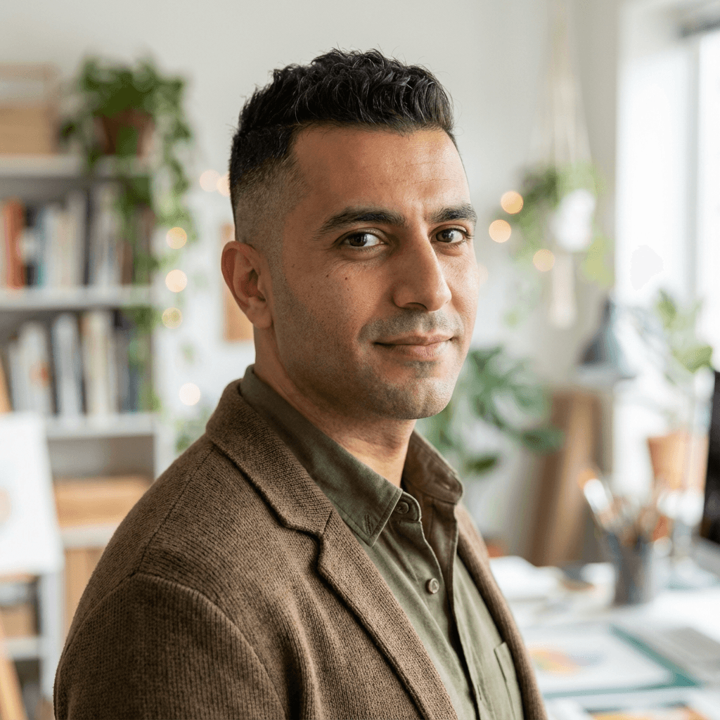 Marcus standing near a hanging fiber art piece, natural light coming through a window