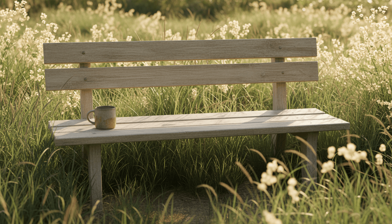 Empty wooden bench in a sunlit garden with sage green grasses and cream wildflowers