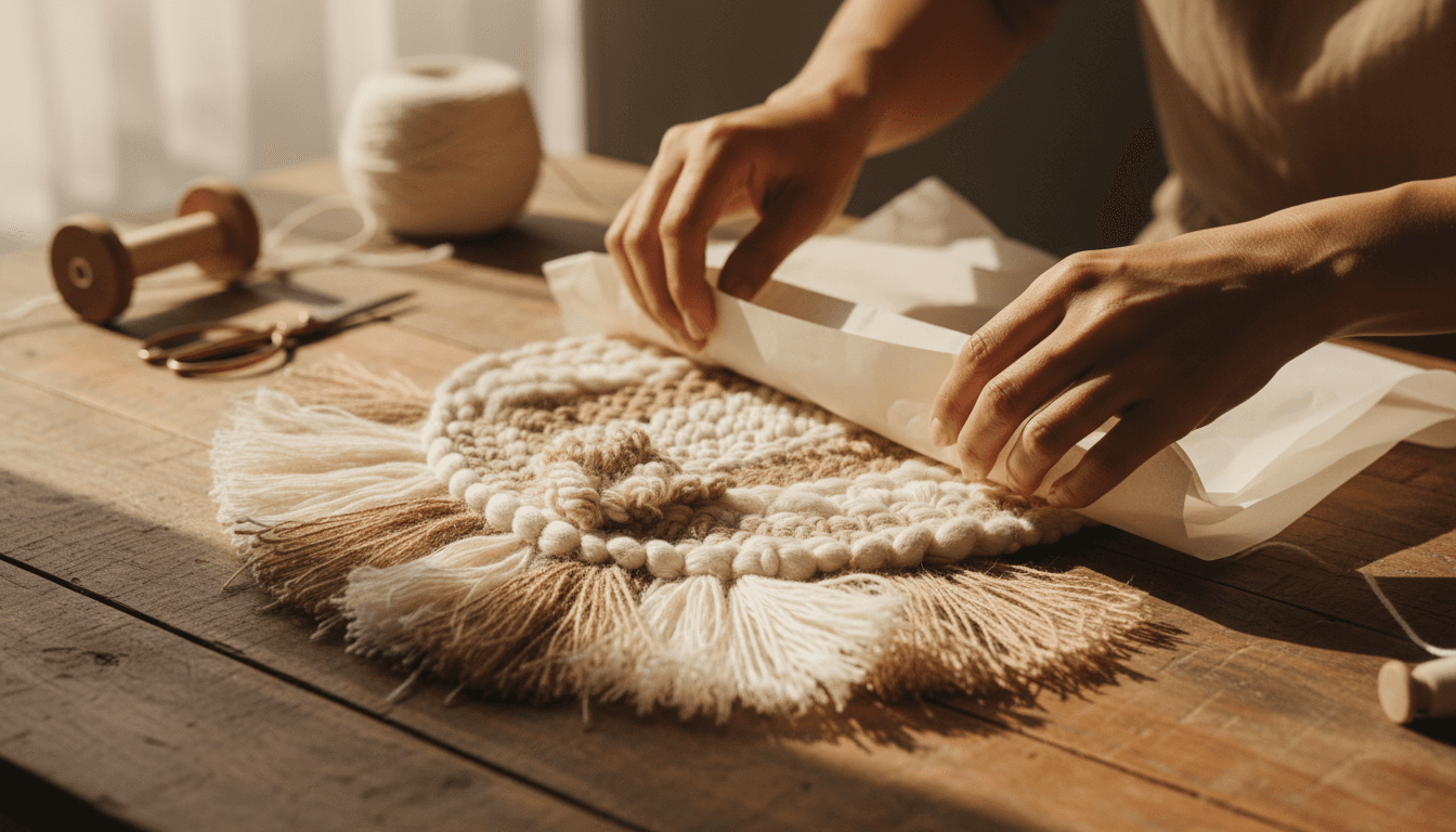 Hands wrapping a woven fiber art piece in soft tissue paper on a wooden table