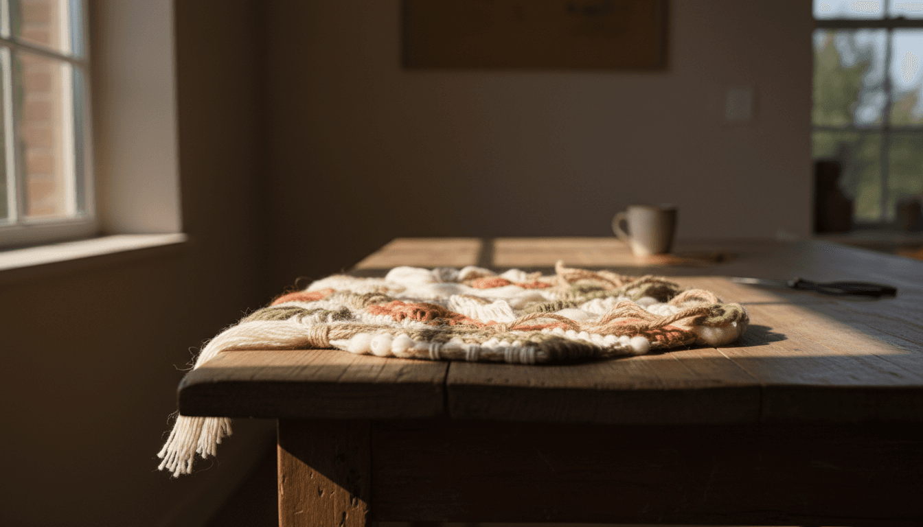 A fiber art piece resting in warm natural light, its textures and shadows softly visible