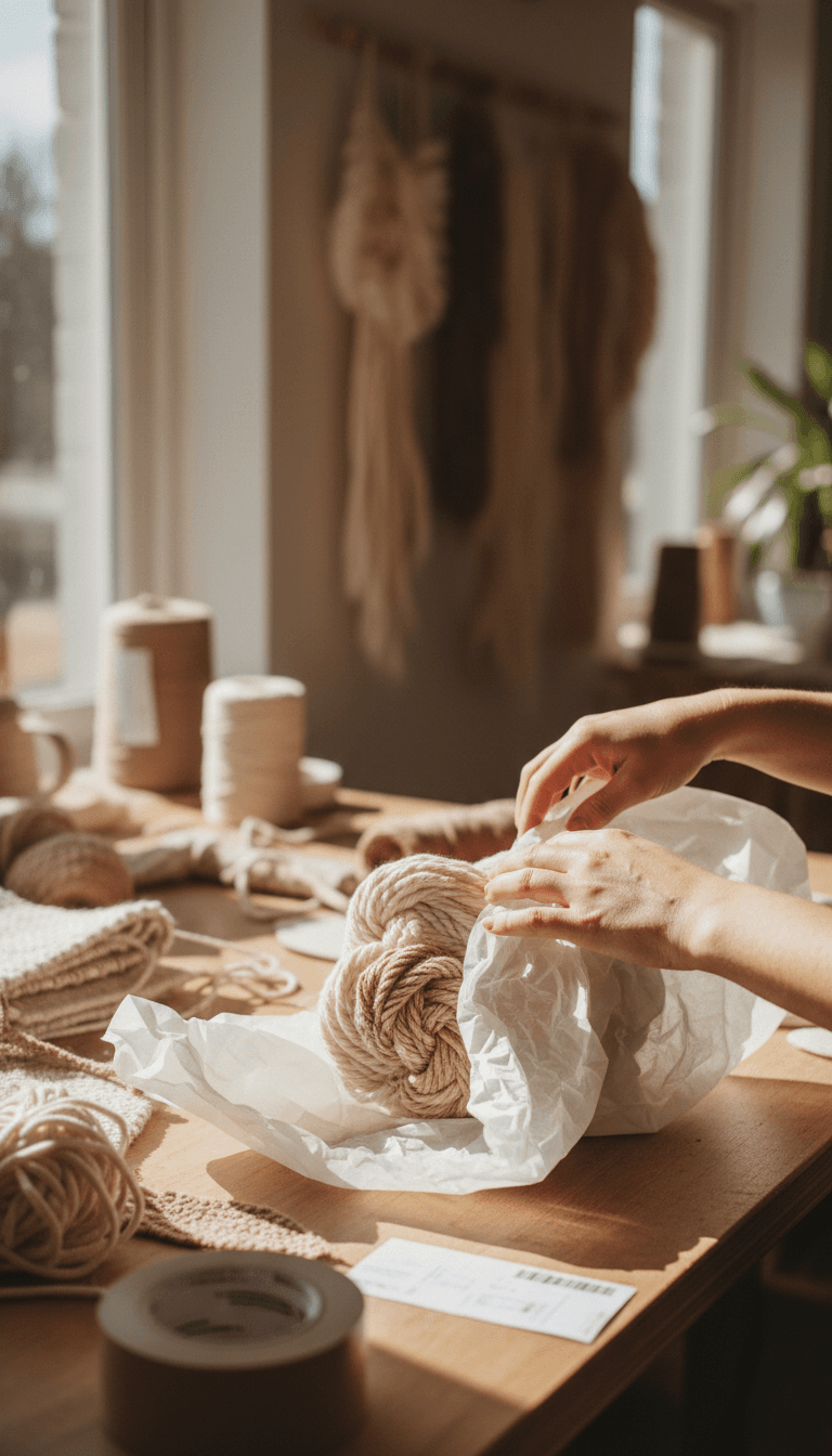 Hands wrapping a fiber art piece for shipping
