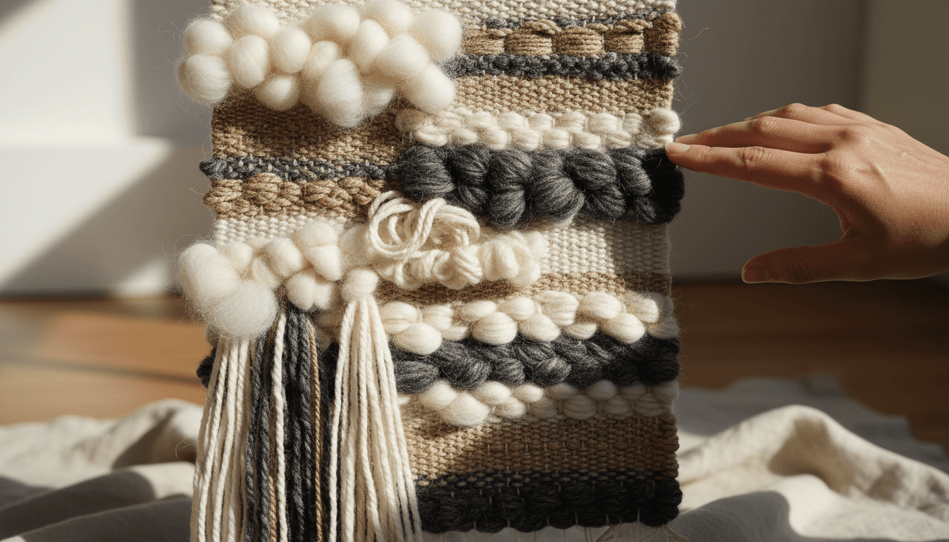 Close-up of a handwoven fiber art piece blending soft cream and dark textured threads