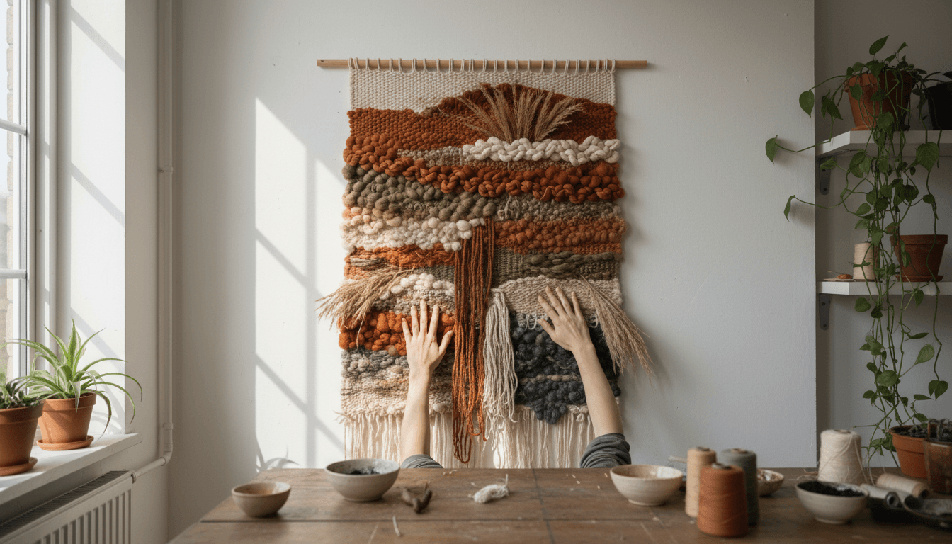 Studio interior with textured fiber art on wall and hands reaching toward it