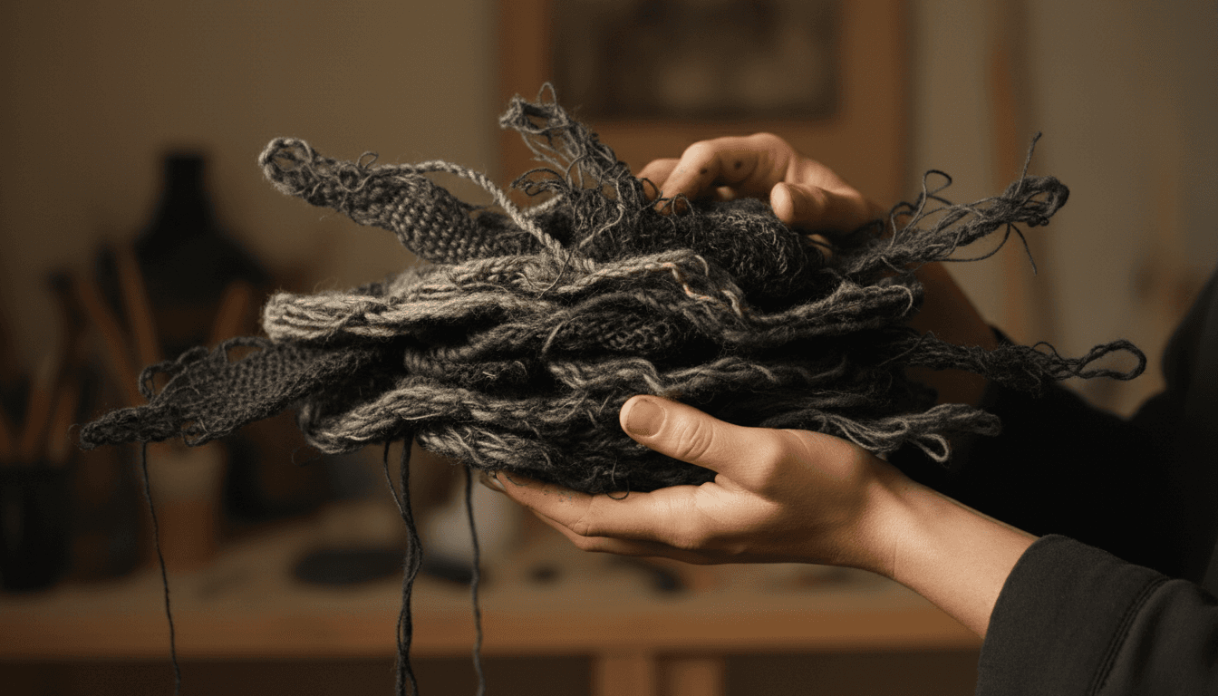 Close-up of hands holding a dark, textured fiber art piece