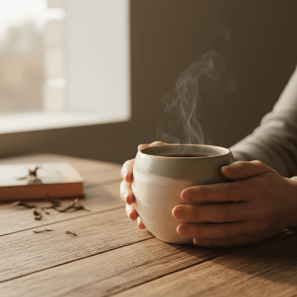 Hands holding a warm ceramic mug of tea on a wooden table, soft cream and sage tones