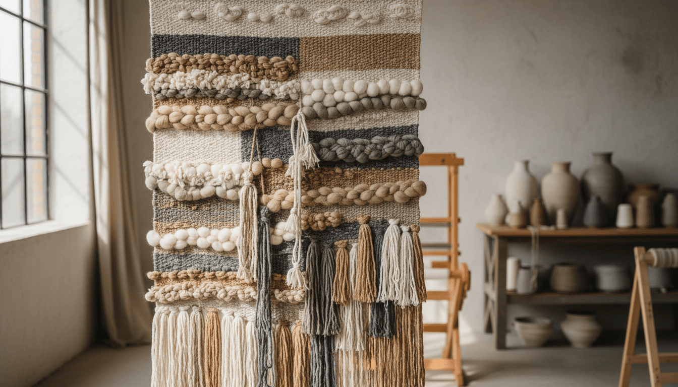 Close-up of textured woven fiber art with earthy neutral tones in a serene studio setting