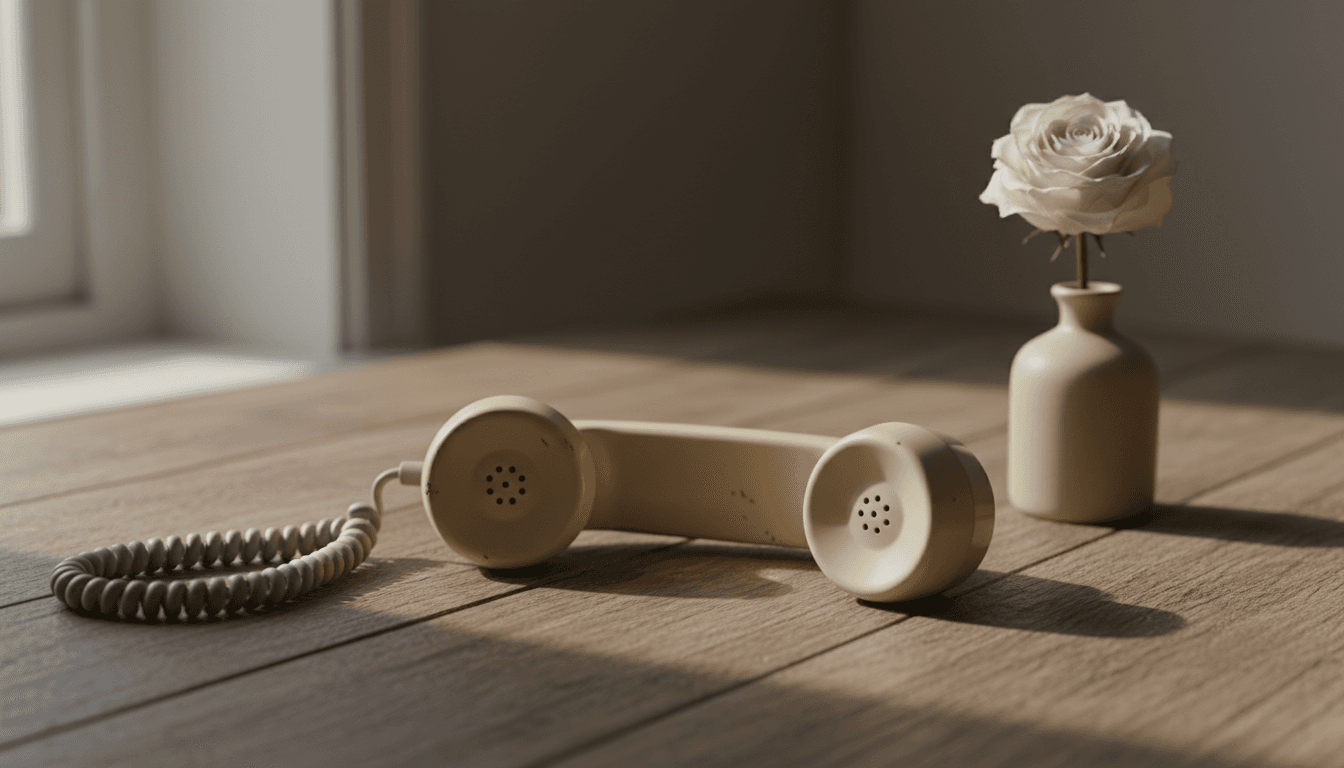 A vintage telephone receiver resting on a wooden desk in soft natural light, with muted earthy tones