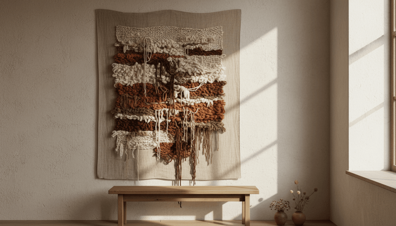 Textured fiber art piece with layered woven threads in earthy tones