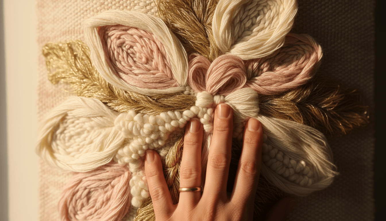 Close-up of layered woven fiber art with soft floral shapes in cream, blush, and gold