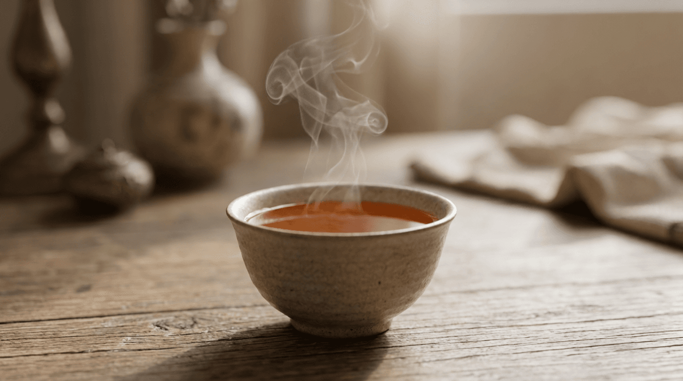 Calm room with morning light and a ceramic teacup on a wooden table