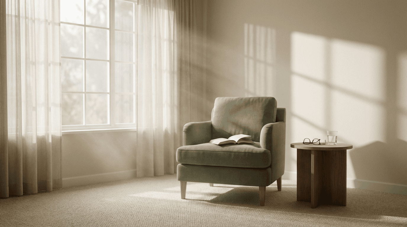 Cozy listening space with armchair, warm light, and soft sage green tones