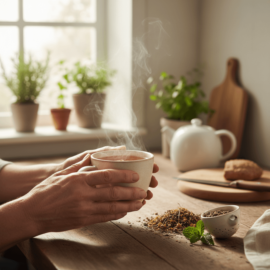 Hands holding a warm cup of tea on a wooden table