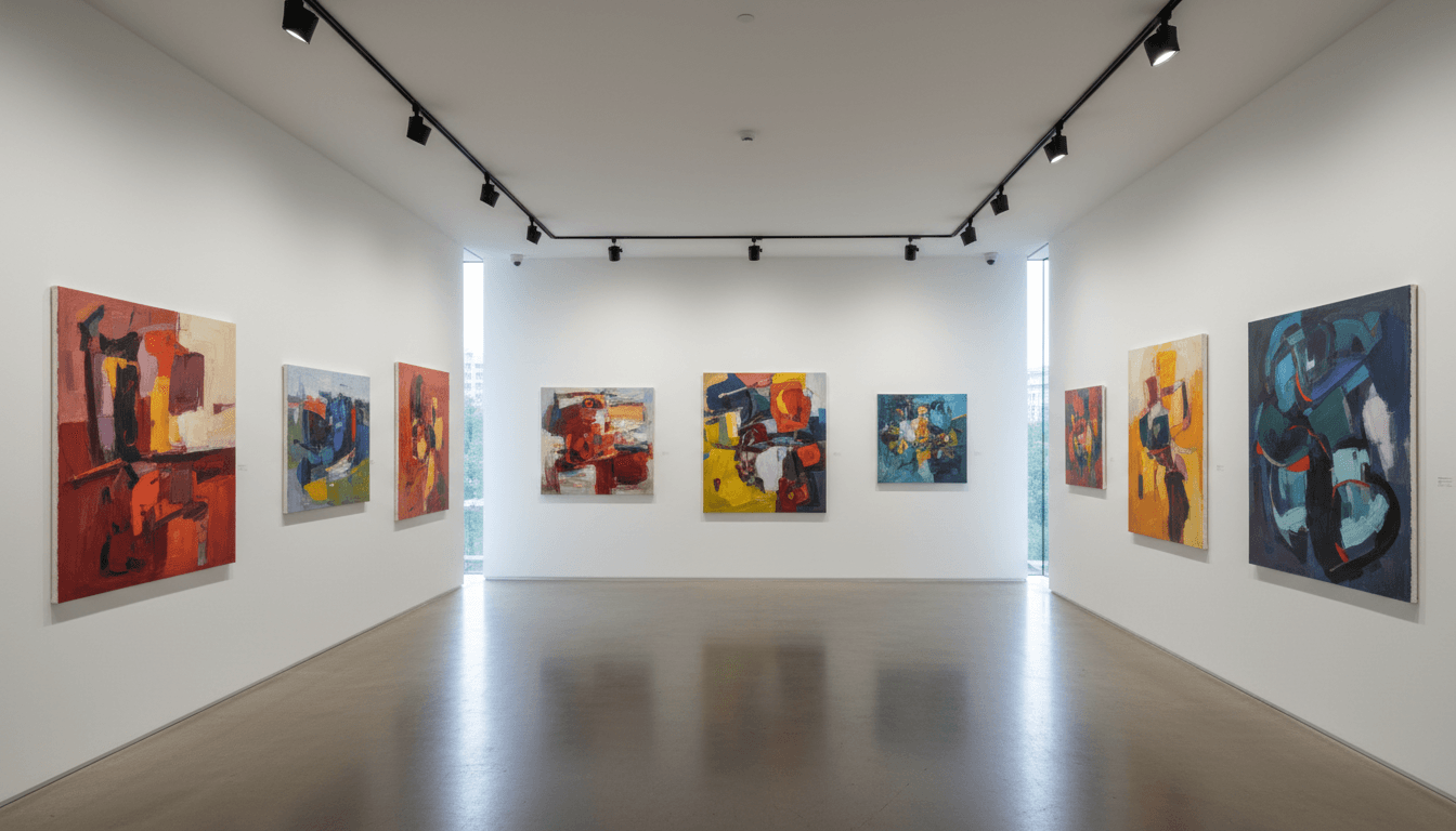 Gallery exhibition space with multiple original acrylic paintings displayed on white walls under professional lighting