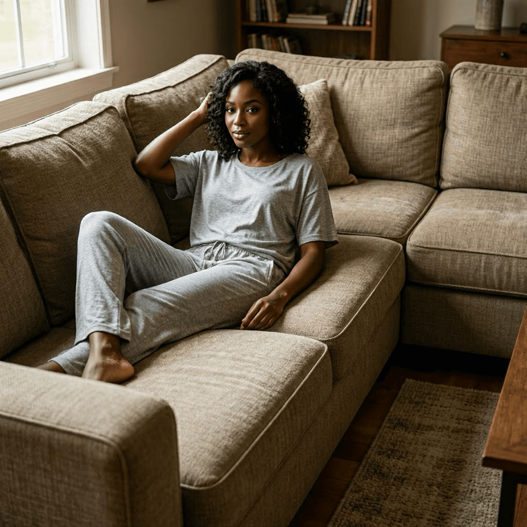 Black woman in grey loungewear relaxes on a tan sectional sofa in a living room.