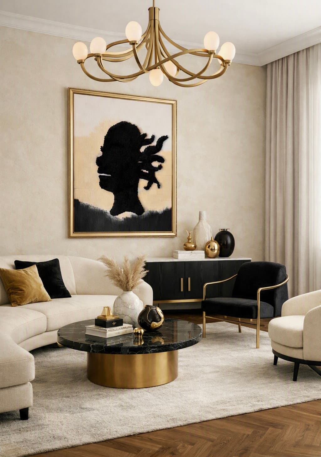 Elegant living room with silhouette art, cream sofa, gold chandelier, and black marble coffee table.